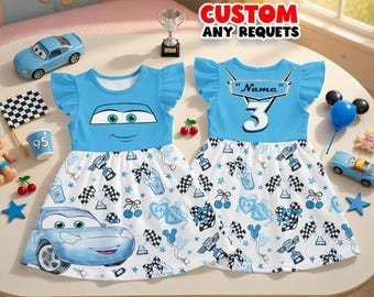Girls Cars Birthday Dress Blue Car Outfit Custom Name Age Toddler Girl Disney Trip Outfit Cartoon Birthday Girl Dress Blue Theme