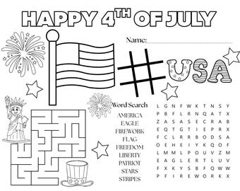 4th of July Kids Activity Placemat | Patriotic Word Search, Maze (Digital Download)
