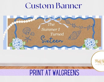 Personalized Summer I Turned Sixteen Banner | Coastal Hydrangea Beach Party Decor (Digital Download)