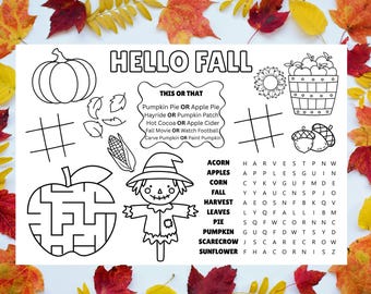 Herbstliche Aktivitätsmatte zum Ausdrucken | Wortsuche, Labyrinth, Entweder-oder-Spiel für den Kindergarten (Digitaler Download)