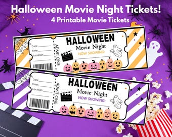 Eintrittskarten für den Halloween-Kinoabend | Druckbare Partyeinladungen (Digitale Datei)