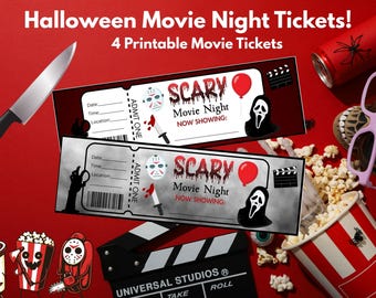 Eintrittskarten für Gruselfilmabende zum Ausdrucken, Einladungen zum Halloween-Filmabend, Tickets für Horrorfilmpartys, Eintrittskarten für Halloween-Partys