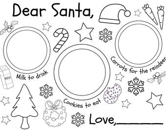 Printable Milk and Cookies for Santa Placemat, Dear Santa Coloring Placemat, Printable Christmas Placemat for Kids, Holiday Activity Mat