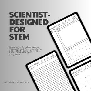 May include: Three digital tablets displaying biology note-taking templates with black lines on white backgrounds. The screens feature headers labeled BIOLOGY NOTES, sections for key terms, titles, notes, and dot-grid areas for diagrams.