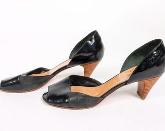 Sandales vintage Chloé d'Orsay en cuir noir et cuir verni – Talon en bois T 38