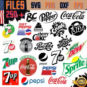 May include: A collection of soda pop logos, including Coca-Cola, Pepsi, 7-Up, and Dr. Pepper, in black and white. The image also includes the text "FILES SVG PNG DXF EPS" and "250+".