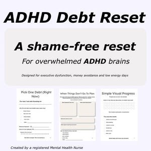 Utskrivbar skuldåterställning för ADHD. Pengstöd för personer med exekutiv dysfunktion, budgetplanerare för ADHD och skuldspårare utan skam.