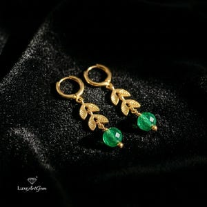Gold Leaf Drop Earrings – Green Stone Dangle Hoops, Stainless Steel Minimalist Jewelry, Nature Inspired Elegant Gift for Women