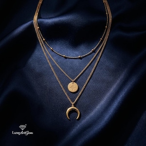 Layered Gold Necklace with Moon Pendant, 316L Stainless Steel, Minimalist Jewelry Gift for Women