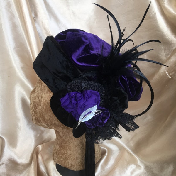 1920's  style Hat, H17, SizeX-Small Free Shipping Regal Purple stretch velour,black brim lining,Tassel, feathers.Silvertone retro pin