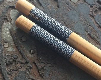 Chopsticks with Seigaiha Wave Design - Hair Sticks - 9” Solid Bamboo - Hair Sticks Shawl Pin Fork