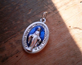 Holy Name Cathedral Silver Miraculous Medal Blessed Mother Mary Catholic Charm with Blue Enamel (1)