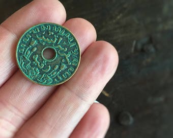 Indonesia - Dutch Indies Verdigris Brass Reproduction Coins - 23mm - Great for Beading and Altered Art (6) - Nederlandsch Indie