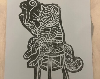 handgemaakte linosnede print rokende kat