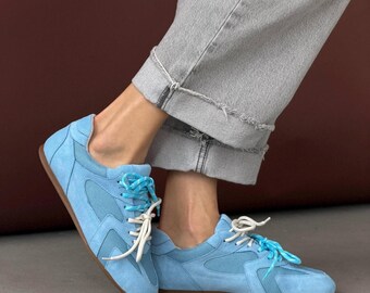Blue Suede Sneakers Women Casual Shoes Comfortable Lace Up Minimalist Sneakers Light Blue Everyday Walking Shoes