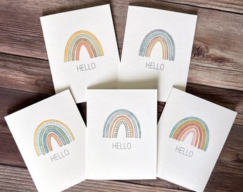 Boho Rainbow Hello Card Set |  Papier à lettres vierge | Cartes de notes à l’aquarelle avec enveloppes | Idée cadeau d’amitié rétro | Ensemble de 5 ou 10