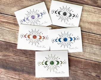 Moon Phases Thank You Card Set | Blank Thank You Stationery | Watercolor Thank You Cards with Envelopes | Witchy Gift Ideas | Set of 5 or 10