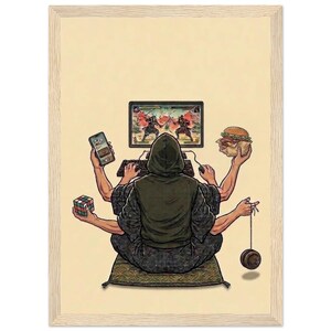 Puede incluir: Ilustración de una persona con múltiples brazos, absorta en diversas actividades. Juegan en una computadora, sostienen un teléfono, un cubo de Rubik, una hamburguesa y un yo-yo. La obra de arte está enmarcada en madera clara.