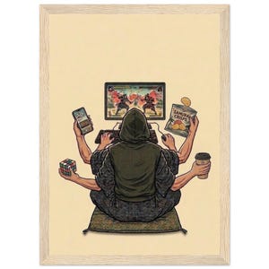 Op de afbeelding: Een humoristische illustratie van een persoon met meerdere armen die multitaskt. De persoon zit, draagt een hoodie en is bezig met een computer, telefoon, Rubik's cube, koffie en een zak "Samurai Crisps". Het computerscherm toont een vechtspel.