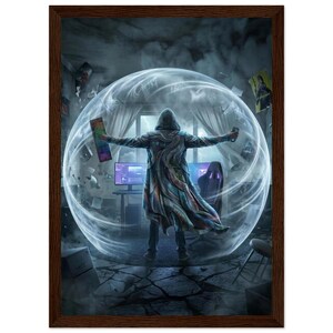 May include: Framed digital art print depicting a person in a hooded cloak, arms outstretched, surrounded by a glowing energy sphere. The scene includes computer monitors, a gaming chair, and scattered papers, creating a tech-fantasy theme.