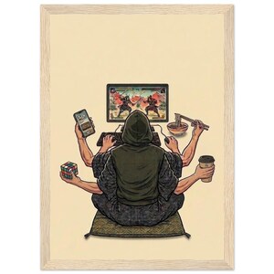 Puede incluir: Ilustración de una persona con múltiples brazos, jugando y realizando múltiples tareas. La persona está sentada en un cojín, vistiendo una sudadera con capucha y un kimono. La escena incluye una computadora, un teléfono, un cubo de Rubik, café y fideos.