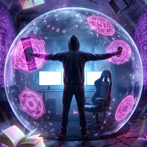 Pode incluir: Ilustração digital de uma pessoa com capuz dentro de uma esfera brilhante, rodeada por objetos flutuantes e símbolos místicos. A cena é iluminada com tons roxos e rosa, criando um tema de jogo de fantasia.