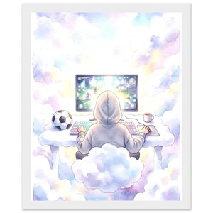 Op de afbeelding: Waterverfillustratie van een persoon met een hoodie die op een wolk zit en een videogame speelt op een computer. Een voetbal en een mok staan in de buurt. De achtergrond is een pastelkleurige lucht.