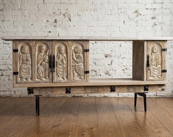 Solid Wood Carved Sideboard | Restored | Medieval Rustic Furniture with Reliefs of Saints | Vintage Credenza for TV and Living Room