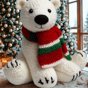 May include: A plush white polar bear with a black nose and eyes, wearing a red, green, and white striped scarf. The bear is sitting in front of a Christmas tree with ornaments and lights. The scene is festive and cozy.