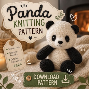 May include: A knitted panda bear with black and white coloring sits next to a sign that says "Panda Knitting Pattern". The sign also includes a tag that says "Step by step", "Beginner friendly", and "Detailed instructions". A green button with the words "Download Pattern" is also visible.