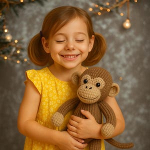 May include: A child in a yellow dress smiles, holding a brown crocheted monkey toy. The monkey has a tan face, ears, and hands, with black eyes and a stitched smile. The background is a soft grey with blurred lights.