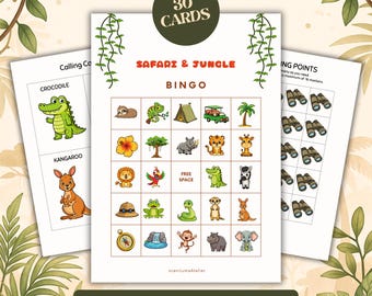 Safari Dschungel Bingo Spiel für Kindergeburtstag, Druckbares Set, Tier Party Aktivität