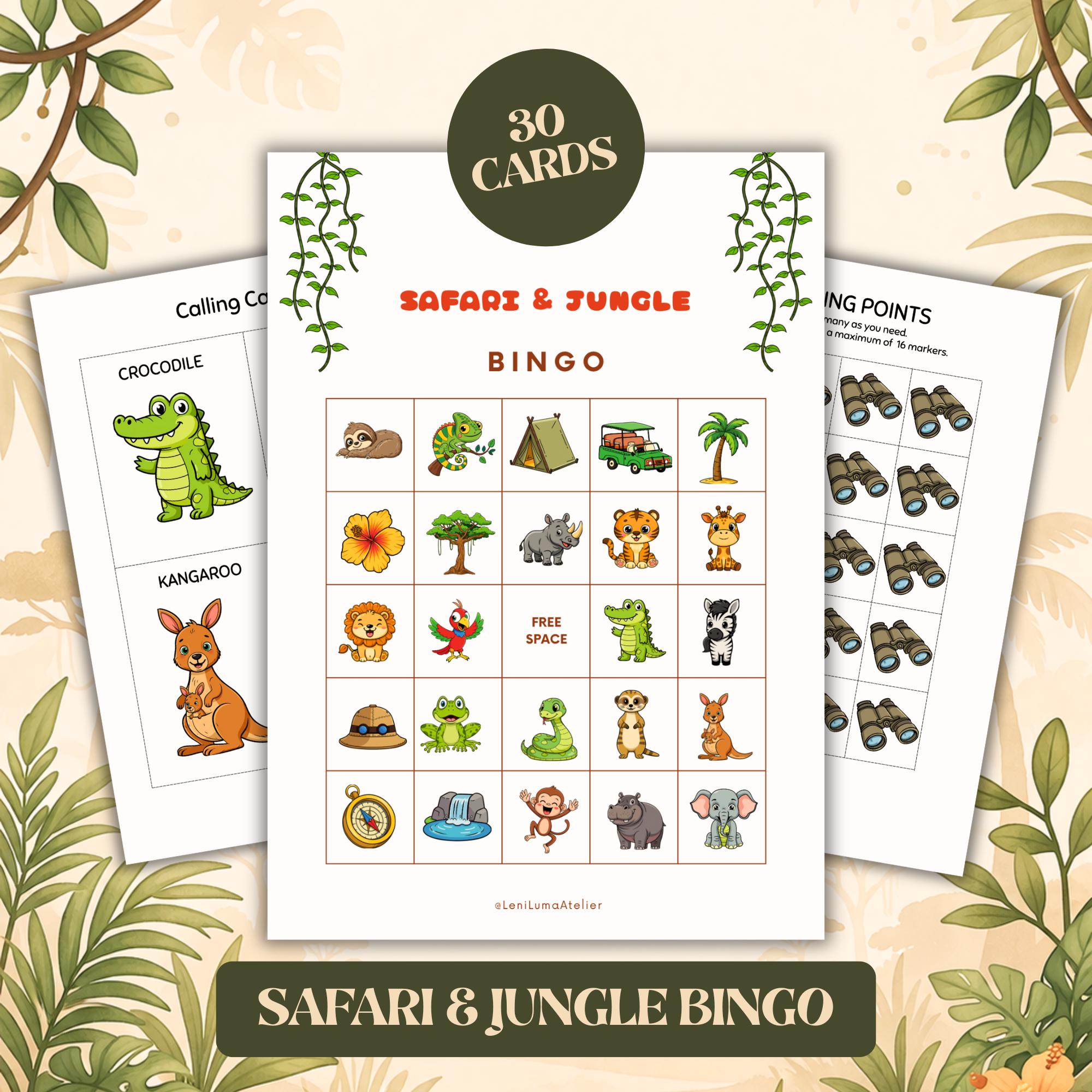 Safari Jungle Bingo Game for Kids Birthday, Printable Set, Animal Party ...