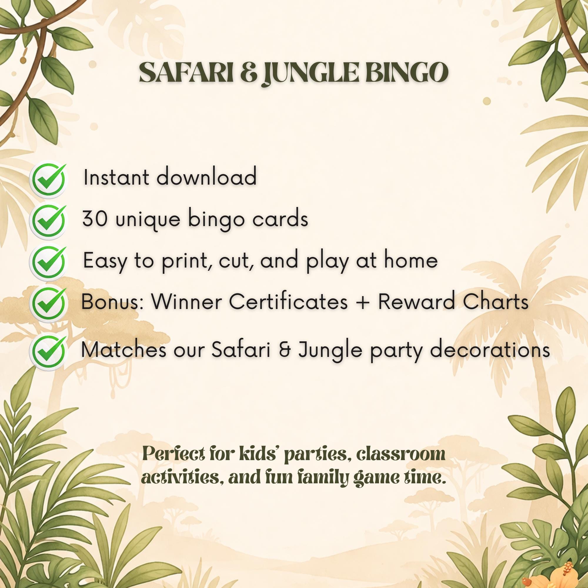 Safari Jungle Bingo Game for Kids Birthday, Printable Set, Animal Party ...