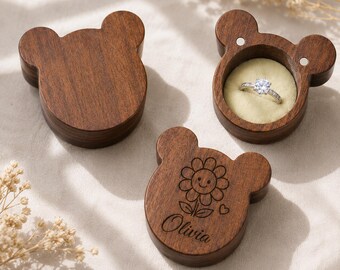 Cute Custom Bear Ring Box, Laser Engraved Wooden Proposal Box with Soft Insert Color Options