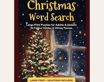 Christmas Word Search Printable, 52 Large Print Puzzles with Solutions for Adults & Seniors, Holiday Activity PDF, Instant Download