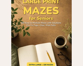 Labirynt w dużym formacie do druku, 100 łatwych i średnich labiryntów z rozwiązaniami dla seniorów i dorosłych, gry logiczne w formacie PDF, natychmiastowe pobranie