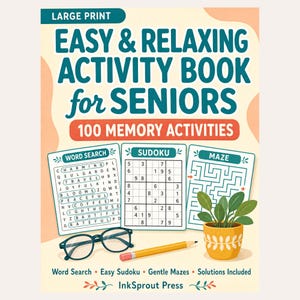 May include: A large print activity book titled Easy & Relaxing Activity Book for Seniors with 100 Memory Activities. The cover features illustrations of a word search, sudoku, a maze, black glasses, a yellow pencil, and a potted green plant.