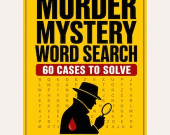 May include: A yellow book cover titled Murder Mystery Word Search with 60 Cases to Solve in red text. It features a black silhouette of a detective holding a magnifying glass, a red blood drop, a letter grid, and the text InkSprout Press.