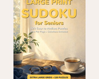 Sudoku w dużym druku do druku, 120 łatwych do średnich łamigłówek z rozwiązaniami dla seniorów i dorosłych, gry logiczne w formacie PDF, natychmiastowe pobranie