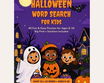 Halloween Word Search for Kids Printable, 40 Easy Puzzles with Solutions Ages 6-10, Classroom Party Activity PDF, Instant Download