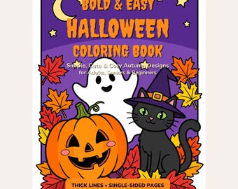 Halloween Coloring Pages for Adults & Seniors, 36 Bold and Easy Printable Pages, Cute Fall Coloring Book PDF, Instant Download