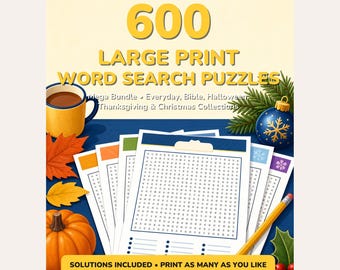 600 łamigłówek do wyszukiwania słów do druku w mega pakiecie, duży druk z rozwiązaniami, codzienna Biblia, Halloween, Święto Dziękczynienia, Boże Narodzenie, natychmiastowe pobranie
