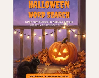Halloween Word Search Printable, 52 Large Print Puzzles with Solutions for Adults & Seniors, Fall Activity PDF, Instant Download