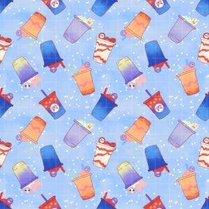 May include: A repeating pattern of colorful, cartoon-style beverages on a light blue background with white dots. The drinks include orange, blue, purple, and red cups with various toppings and designs. Some cups have a dog logo.