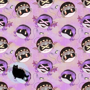Puede incluir: Un patrón repetido con caras de robots de dibujos animados con pelo morado y alas de murciélago, y un gato negro con el texto "kitty kisses" en un círculo azul claro, sobre un fondo rosa y morado.