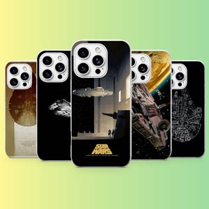 May include: Five smartphone cases featuring various Star Wars Millennium Falcon designs. The center case displays a hangar scene with the text Star Wars, while others show technical schematics, space flight scenes, and a sepia-toned circular graphic.
