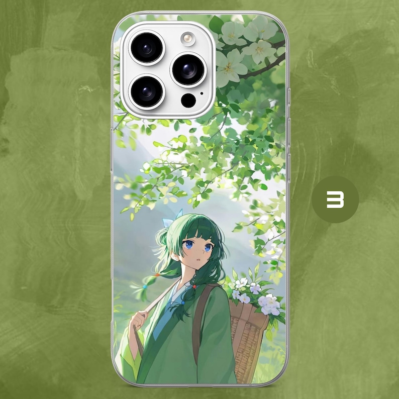 May include: A phone case featuring an anime-style illustration of a person with green hair and blue eyes wearing a green garment. The character carries a woven basket filled with white flowers under a canopy of green leaves and white blossoms.