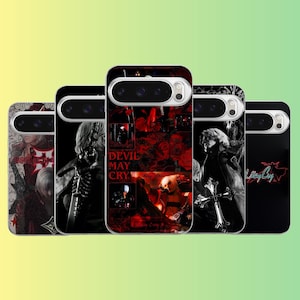May include: Five smartphone cases featuring Devil May Cry graphics. The designs include red rose collages, character illustrations with silver hair, and the Devil May Cry logo in various styles. Each case has a distinct camera cutout layout.