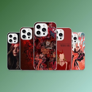 May include: A collection of five phone cases featuring various designs. The cases showcase images of a woman, a red graphic, and comic book-style illustrations. One case has the text "Scarlet Witch", and another reads "WHO I AM."